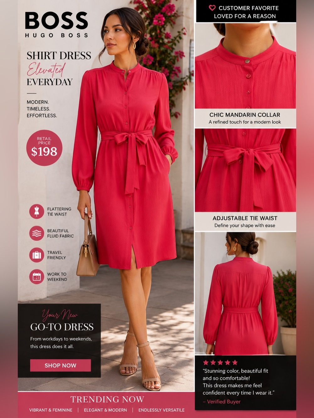 HUGO BOSS Women’s Mandarin-Collar Shirt Dress in Raspberry